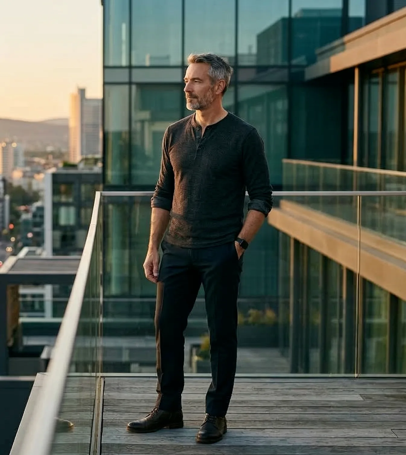 Mann auf Dachterrasse — Erfolg und Weitblick