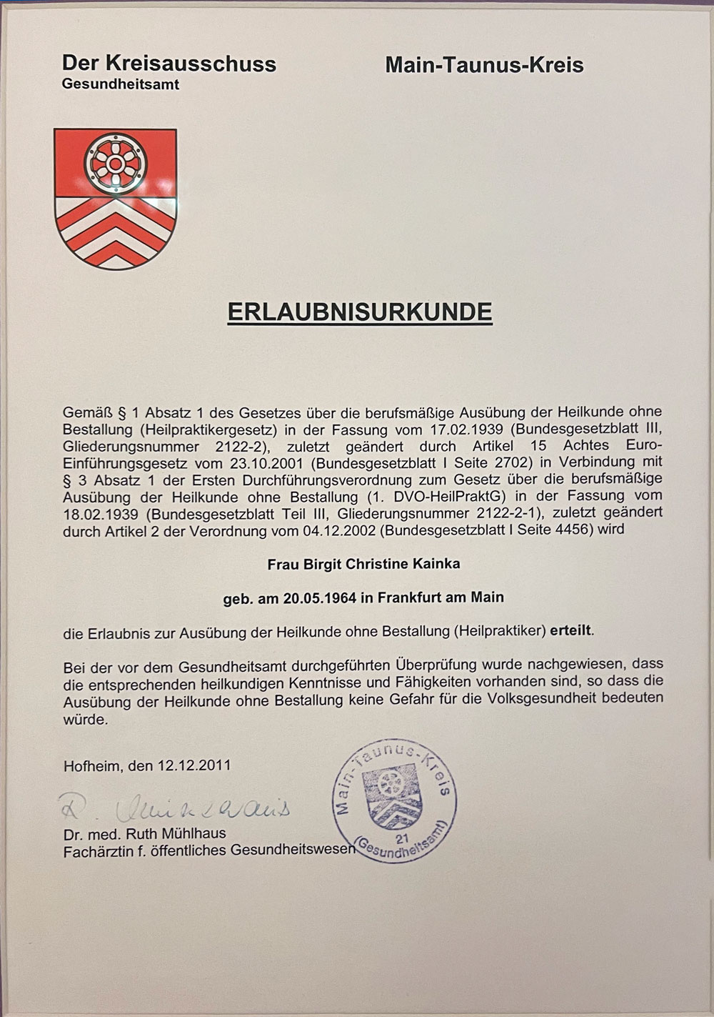 BK Erlaubnisurkunde